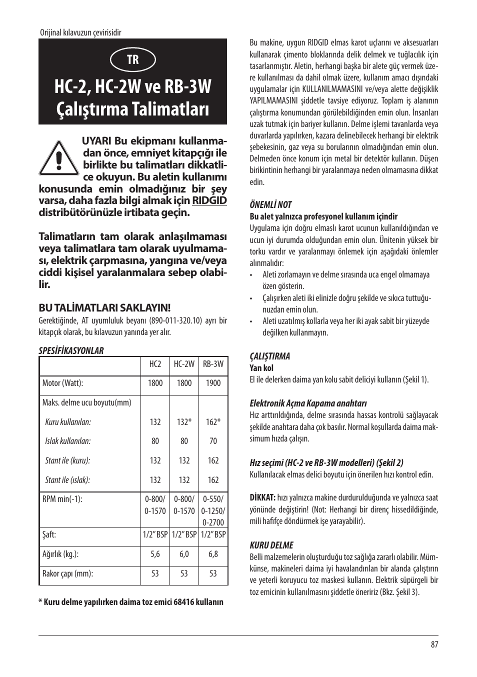 Hc-2, hc-2w ve rb-3w çalıştırma talimatları | RIDGID RB-3W User Manual | Page 89 / 98