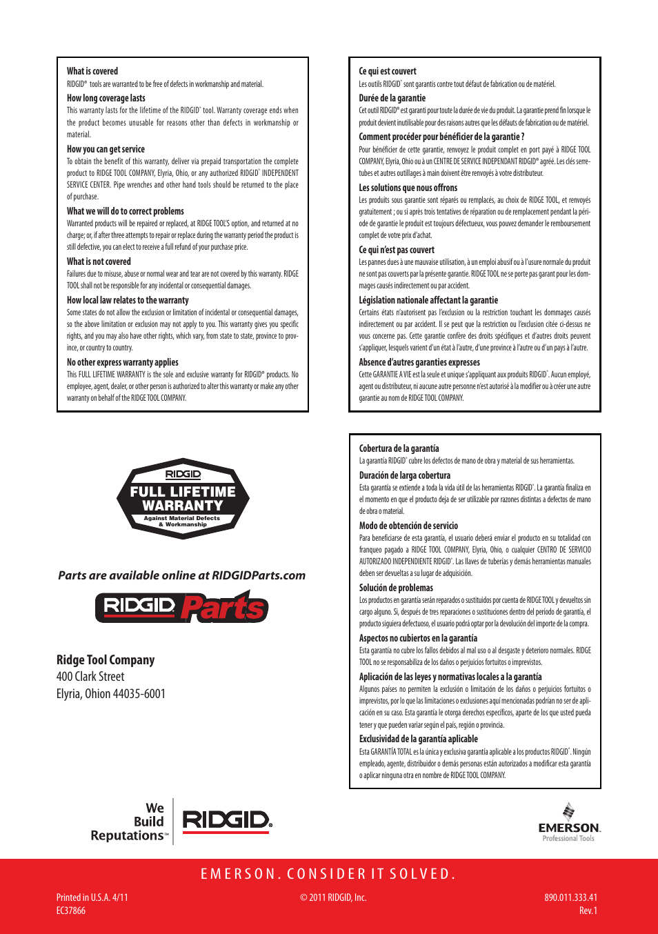 Full lifetime warranty | RIDGID RB-3W User Manual | Page 98 / 98