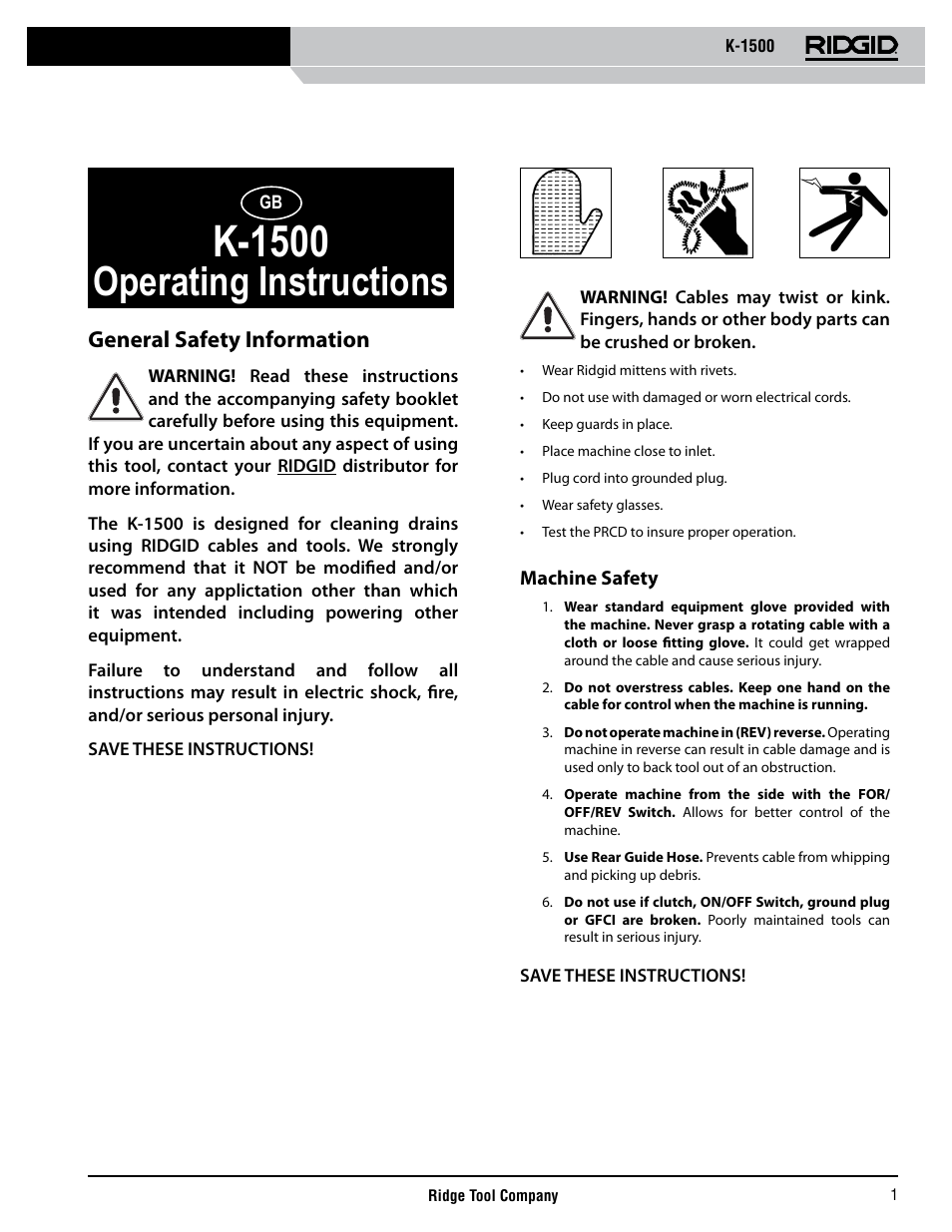 K-1500, Operating instructions, General safety information | RIDGID K-1500 G User Manual | Page 2 / 85