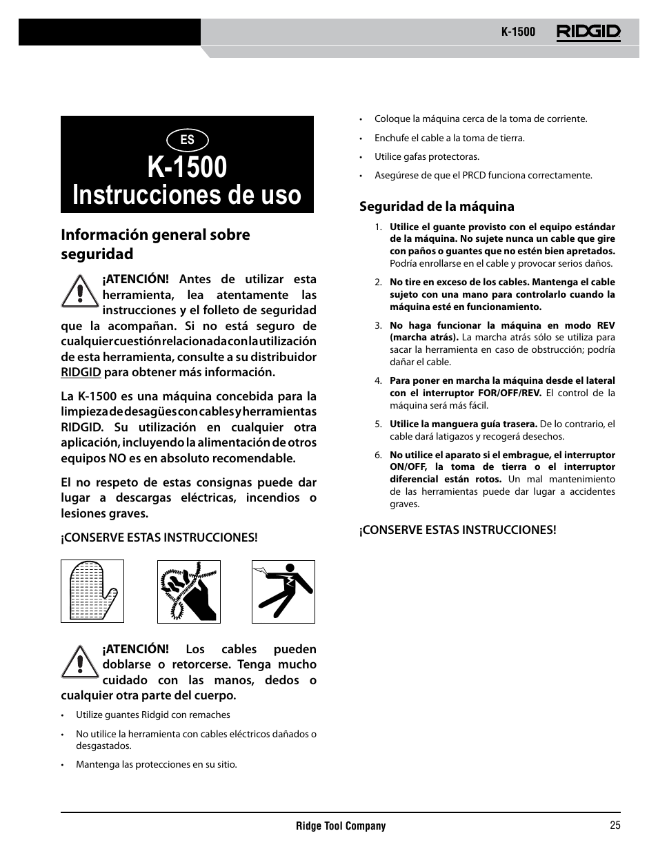 K-1500, Instrucciones de uso, Información general sobre seguridad | RIDGID K-1500 G User Manual | Page 26 / 85