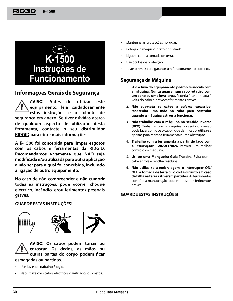 K-1500, Instruções de funcionamento, Informações gerais de segurança | RIDGID K-1500 G User Manual | Page 31 / 85