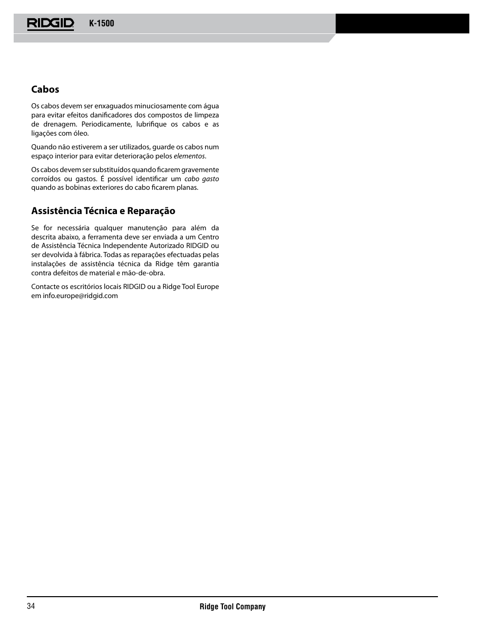 Cabos, Assistência técnica e reparação | RIDGID K-1500 G User Manual | Page 35 / 85