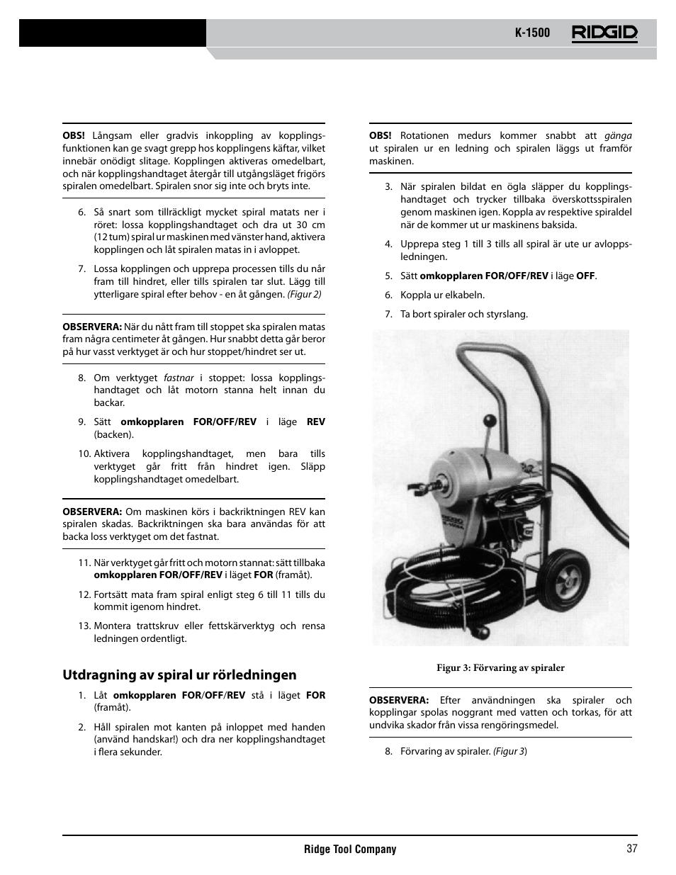 Utdragning av spiral ur rörledningen | RIDGID K-1500 G User Manual | Page 38 / 85