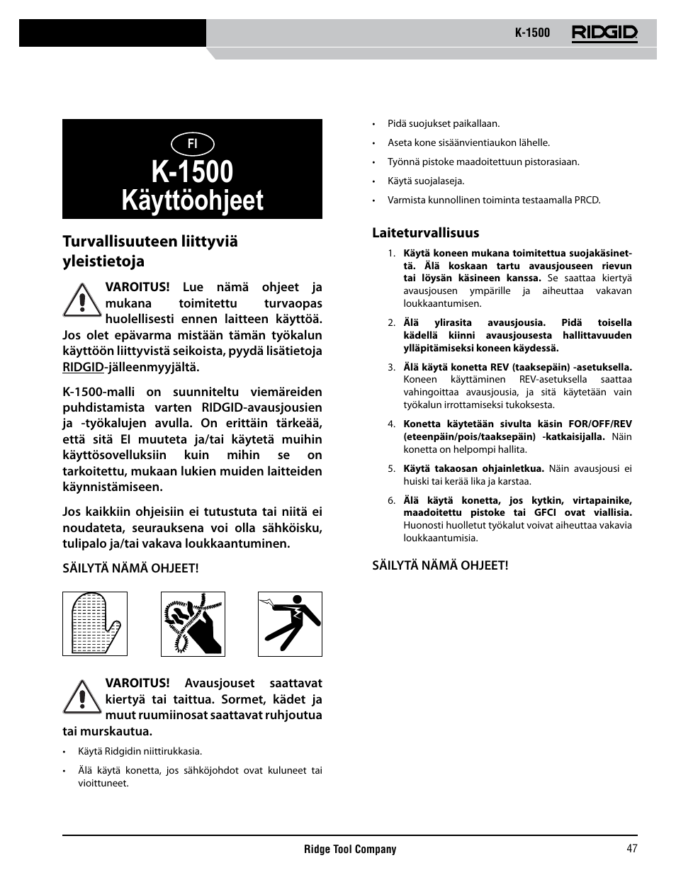 K-1500, Käyttöohjeet, Turvallisuuteen liittyviä yleistietoja | RIDGID K-1500 G User Manual | Page 48 / 85