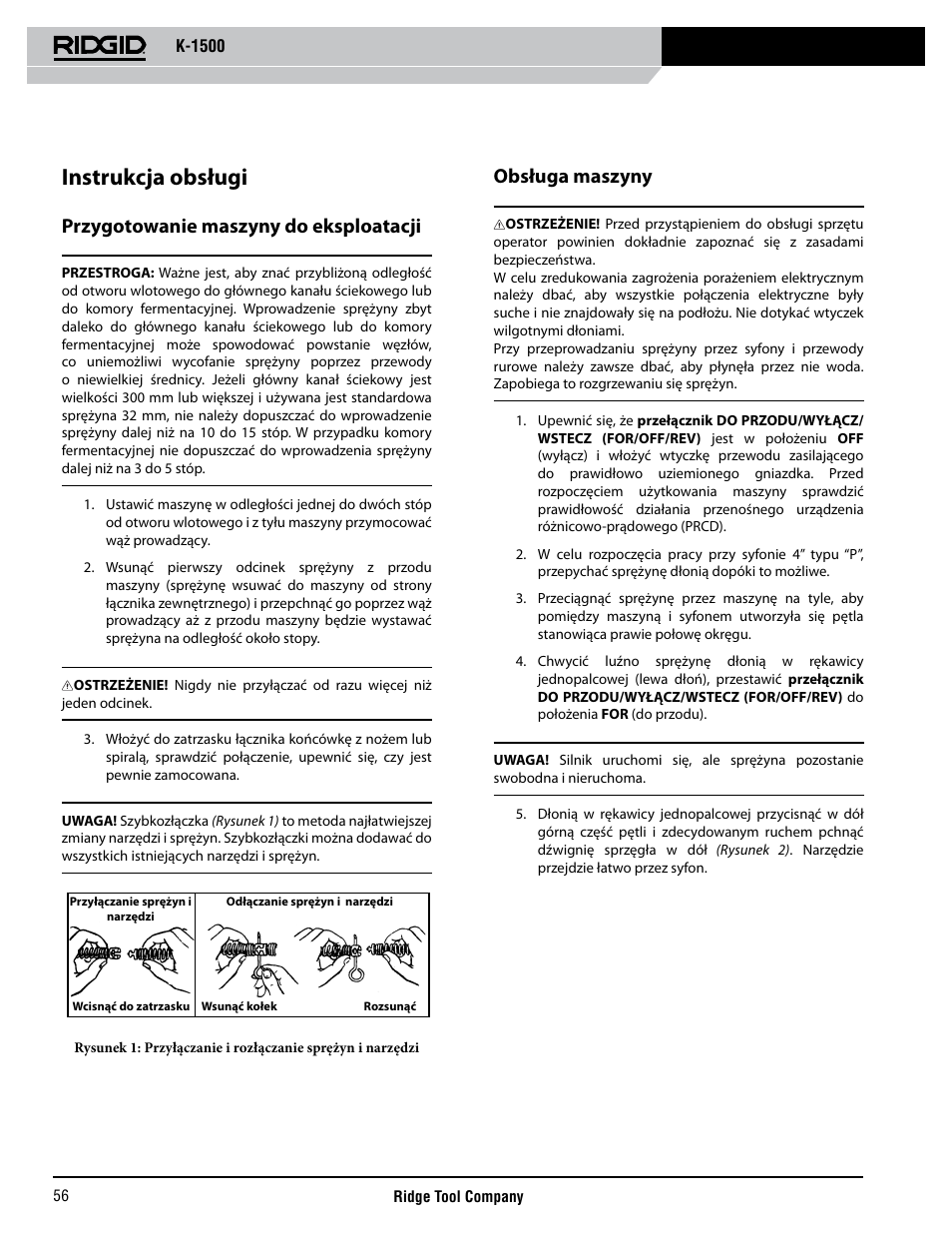 Instrukcja obsługi, Przygotowanie maszyny do eksploatacji, Obsługa maszyny | RIDGID K-1500 G User Manual | Page 57 / 85