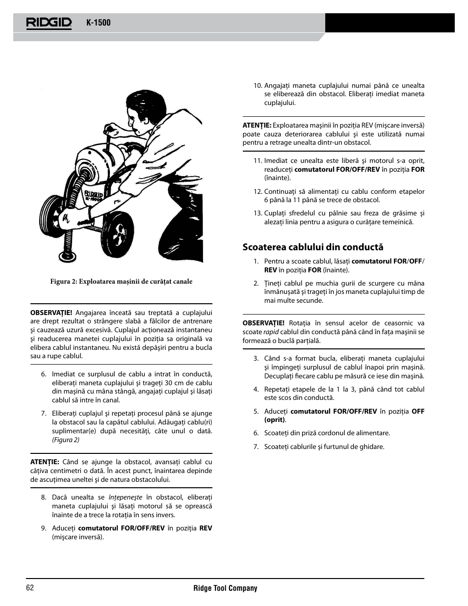 Scoaterea cablului din conductă | RIDGID K-1500 G User Manual | Page 63 / 85