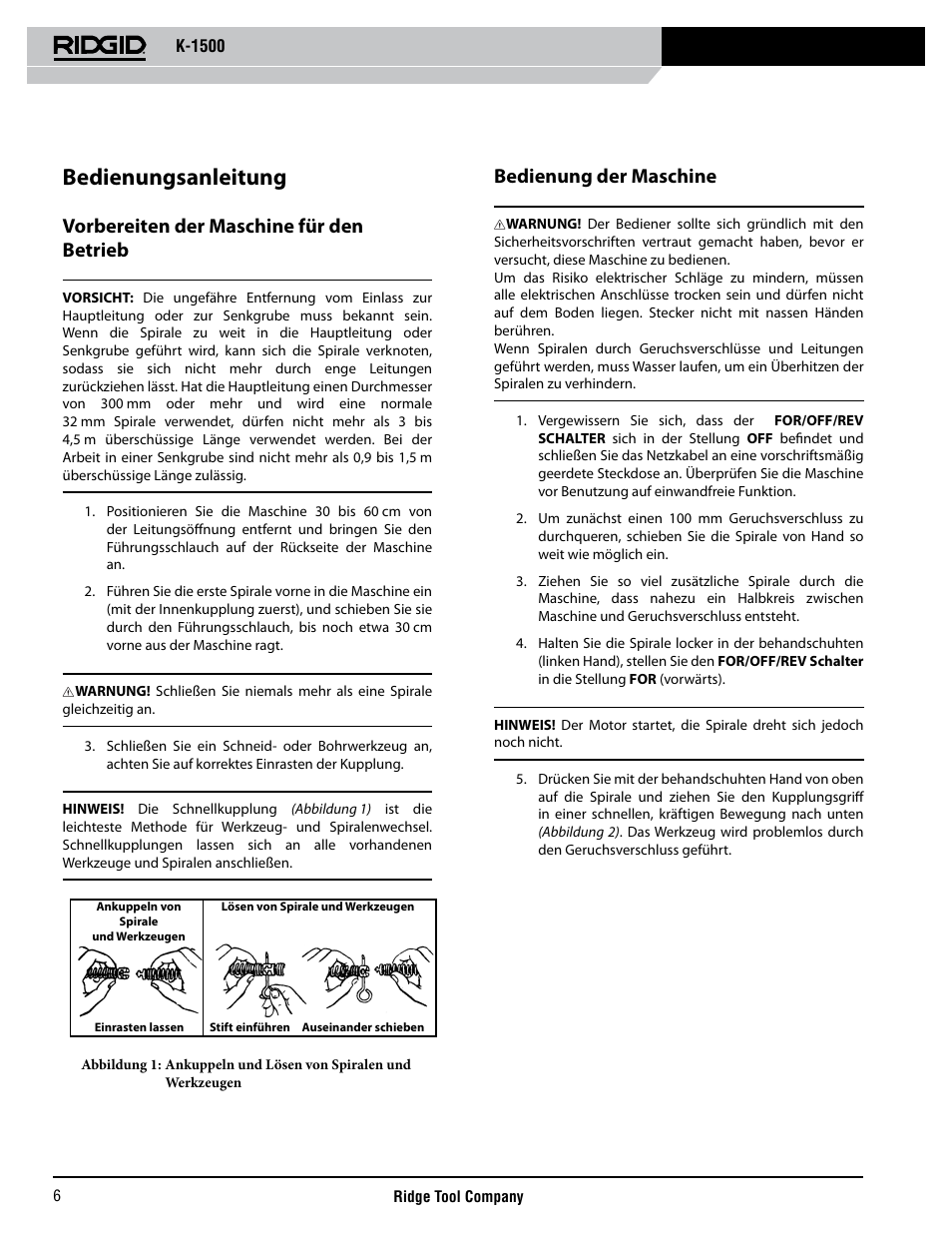 Bedienungsanleitung, Vorbereiten der maschine für den betrieb, Bedienung der maschine | RIDGID K-1500 G User Manual | Page 7 / 85