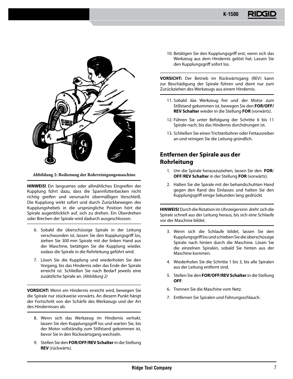 Entfernen der spirale aus der rohrleitung | RIDGID K-1500 G User Manual | Page 8 / 85