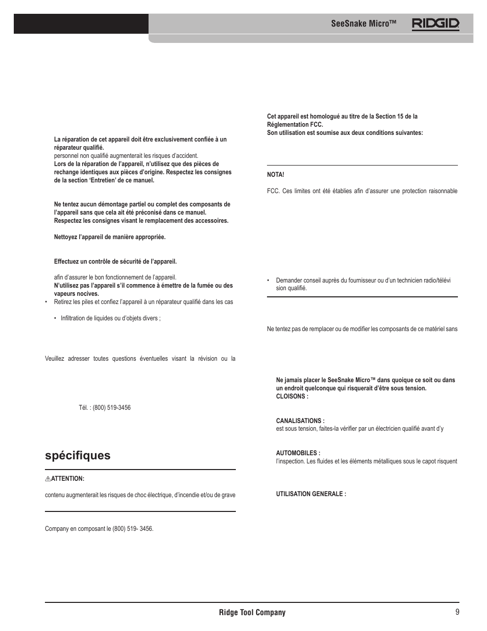 Consignes de sécurité spécifiques, Service après vente, Sécurité du seesnake micro | Seesnake micro | RIDGID Seesnake Micro User Manual | Page 10 / 62