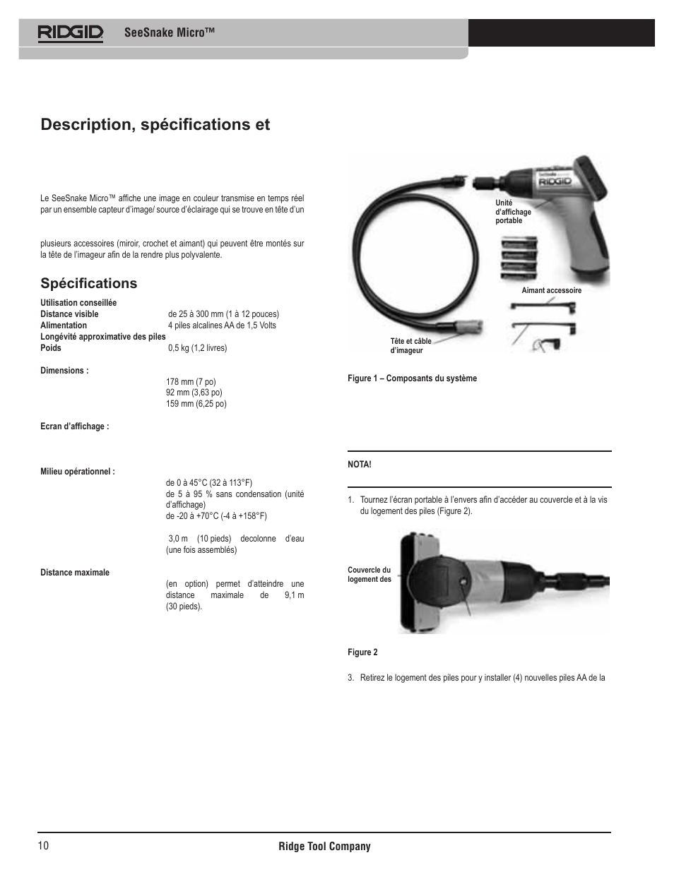 Description, spécifications et équipements de base, Description, Spécifications | Equipements de base, Assemblage, Seesnake micro, Installation des (4) piles (aa) | RIDGID Seesnake Micro User Manual | Page 11 / 62