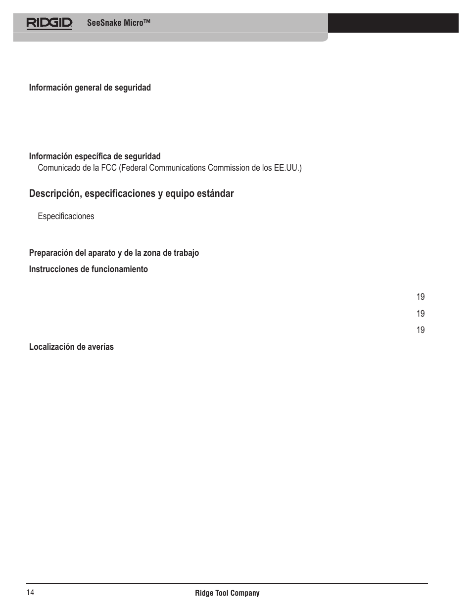 Descripción, especificaciones y equipo estándar | RIDGID Seesnake Micro User Manual | Page 15 / 62