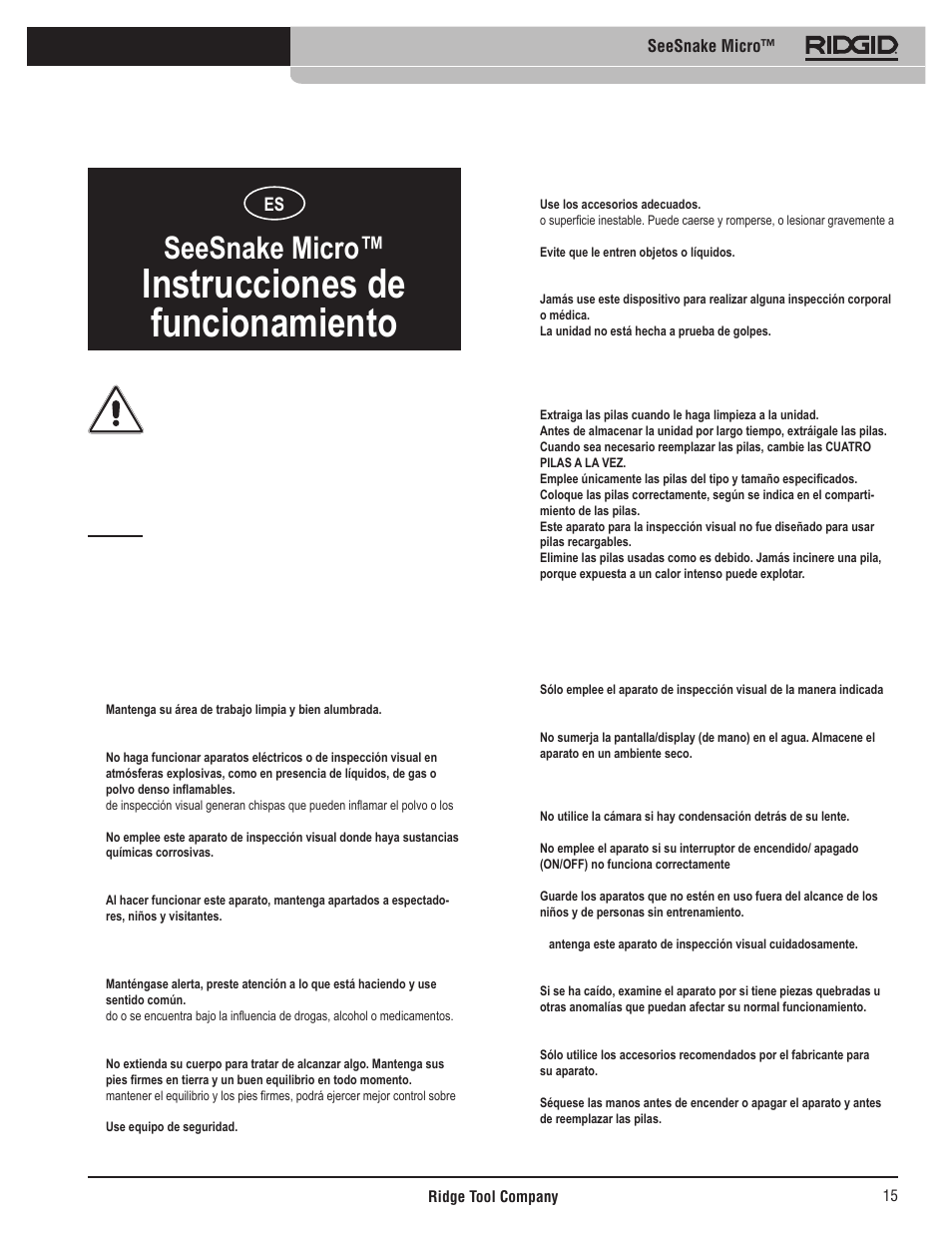 Instrucciones de funcionamiento, Seesnake micro, Información general de seguridad | Seguridad en la zona de trabajo, Seguridad personal, Precauciones con las pilas, Uso y cuidado del seesnake micro | RIDGID Seesnake Micro User Manual | Page 16 / 62