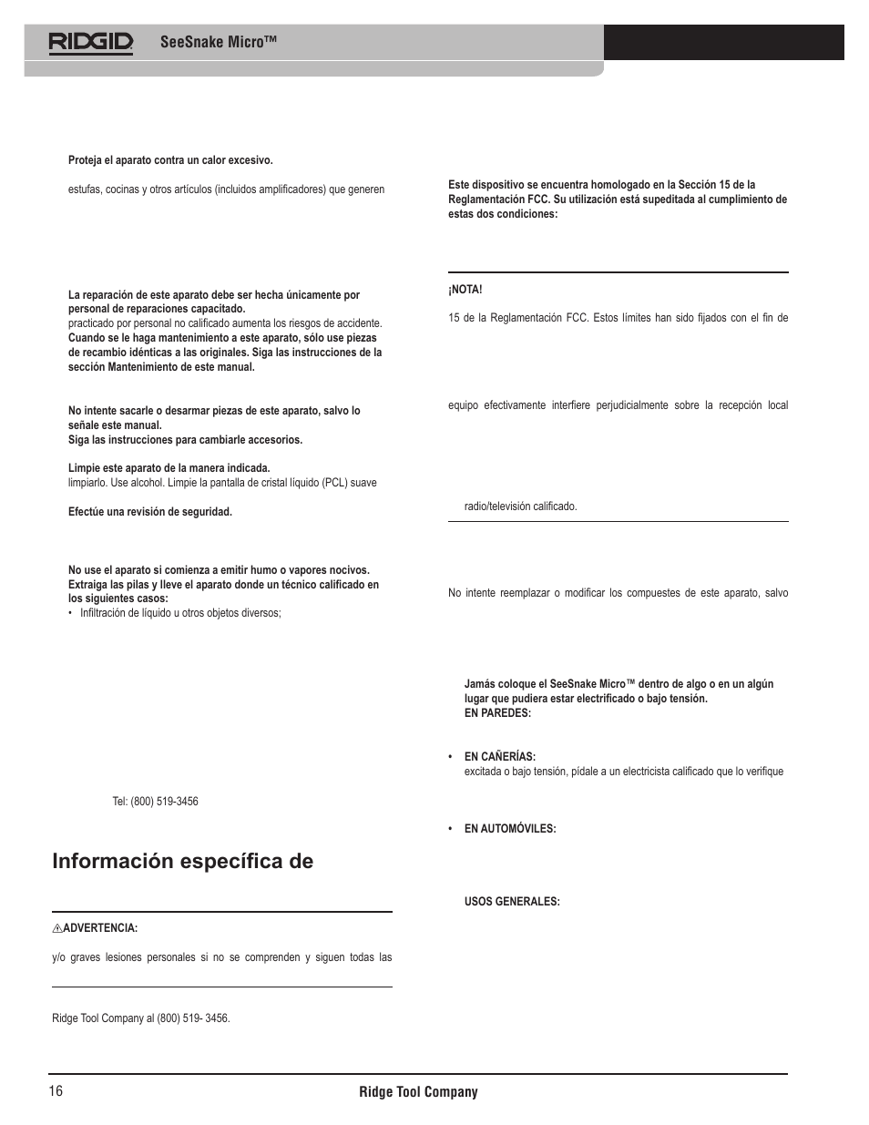 Información específica de seguridad, Servicio, Comunicado de la fcc | Seguridad del seesnake micro, Seesnake micro | RIDGID Seesnake Micro User Manual | Page 17 / 62