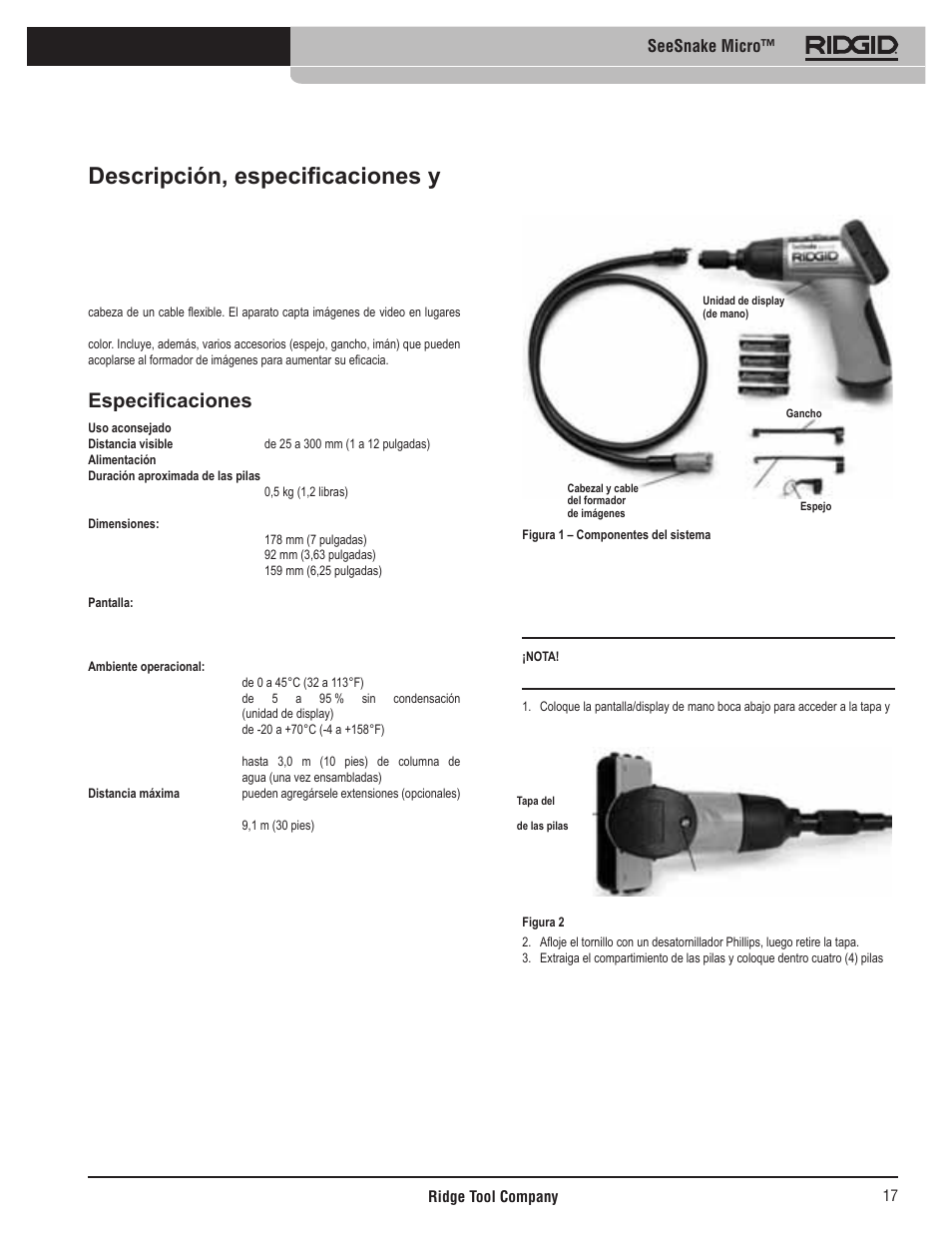 Descripción, especificaciones y equipo estándar, Descripción, Especificaciones | Equipo estándar, Ensamblaje, Seesnake micro, Instalación de las (4) pilas aa | RIDGID Seesnake Micro User Manual | Page 18 / 62