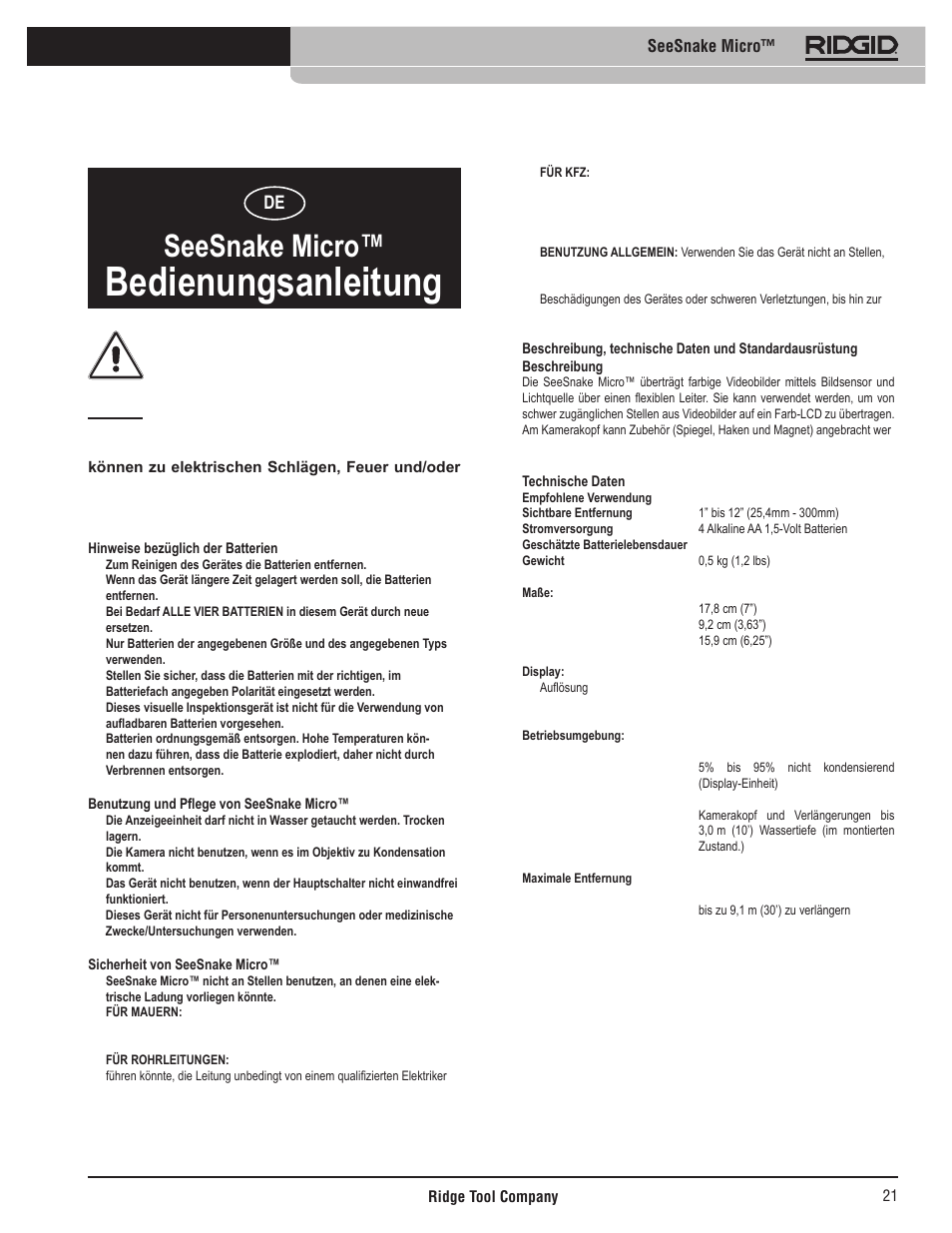 Bedienungsanleitung, Seesnake micro | RIDGID Seesnake Micro User Manual | Page 22 / 62