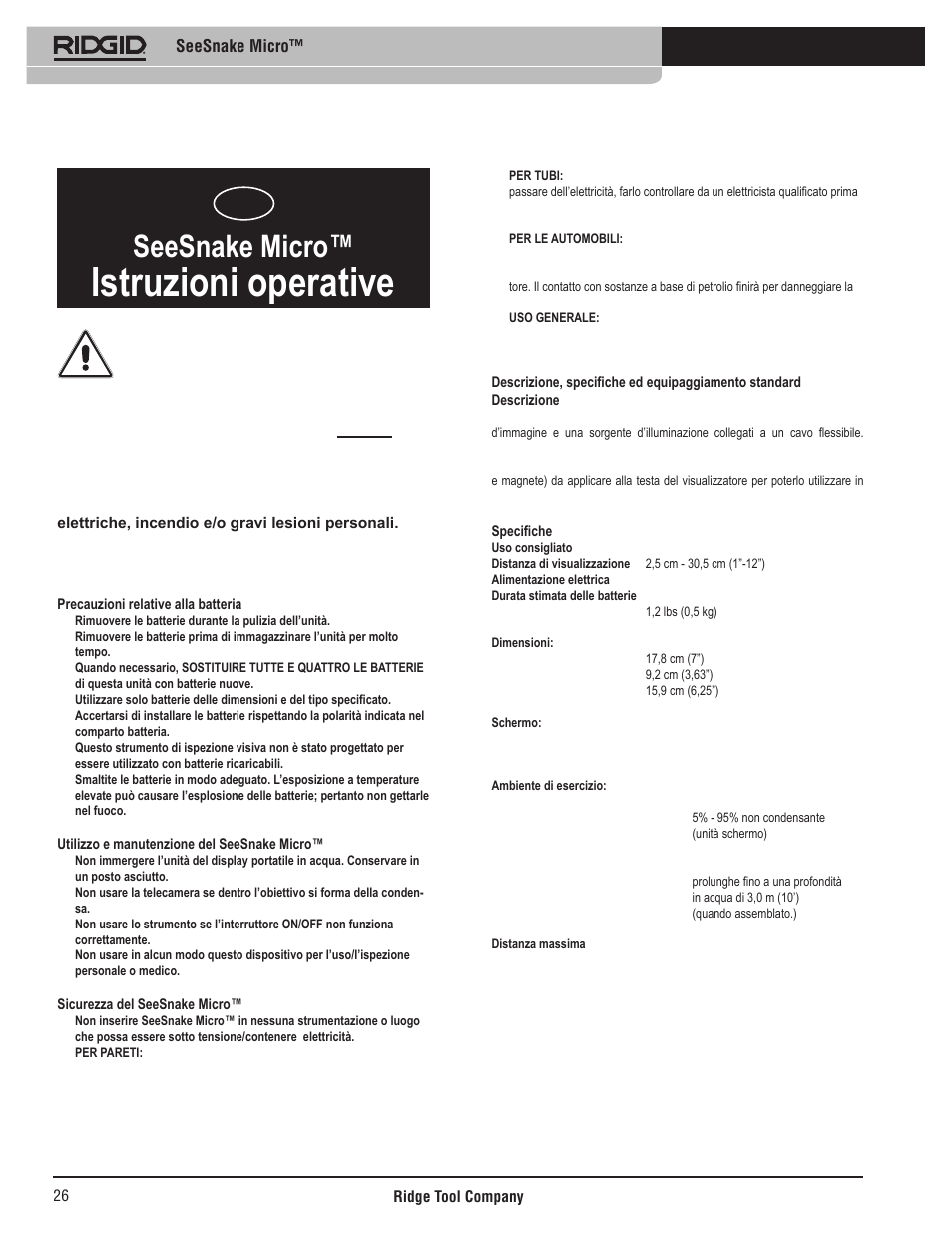 Istruzioni operative, Seesnake micro | RIDGID Seesnake Micro User Manual | Page 27 / 62