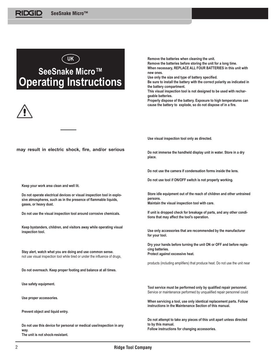 Operating instructions, Seesnake micro, General safety information | Work area safety, Personal safety, Battery precautions, Seesnake micro™ use and care, Service | RIDGID Seesnake Micro User Manual | Page 3 / 62