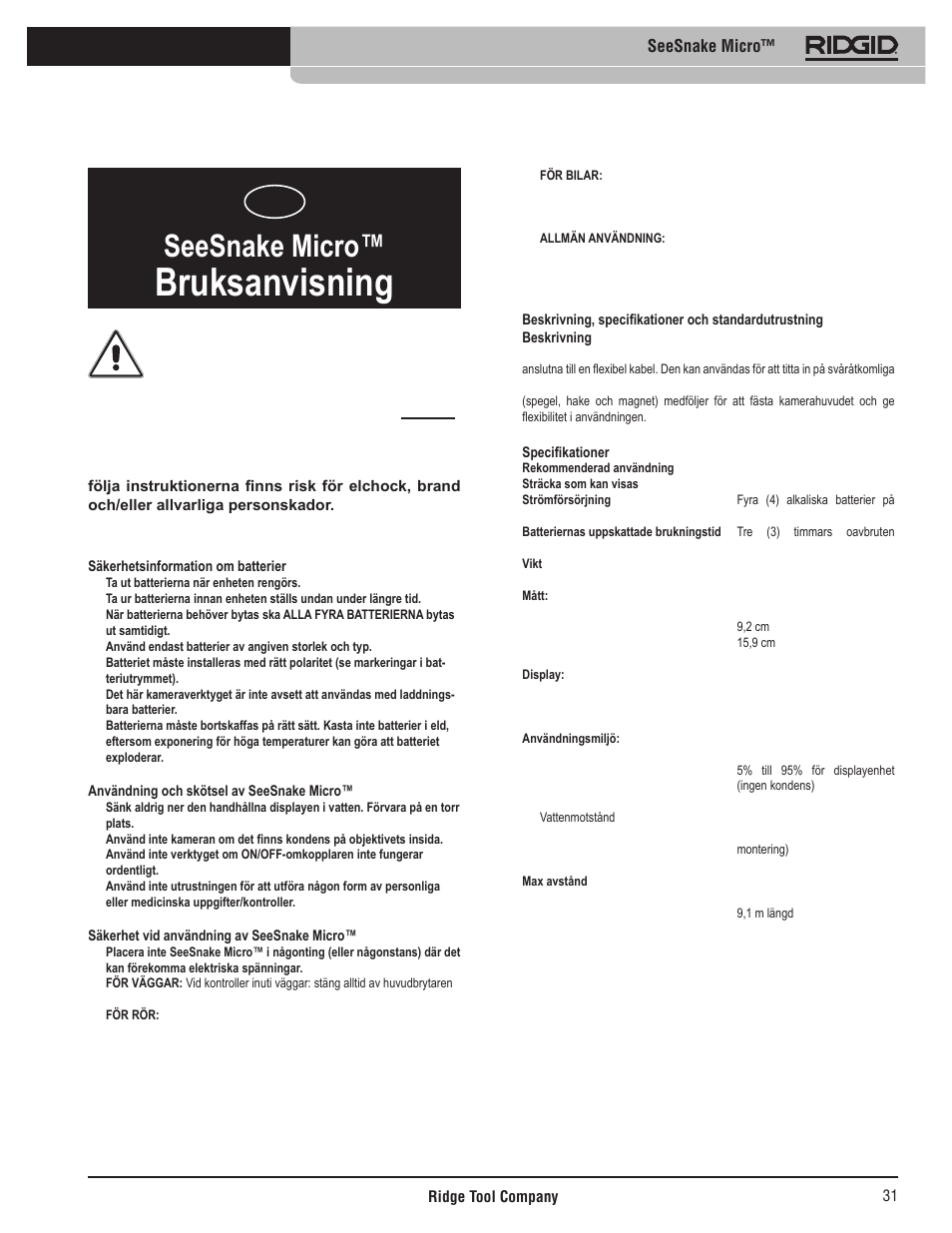 Bruksanvisning, Seesnake micro | RIDGID Seesnake Micro User Manual | Page 32 / 62