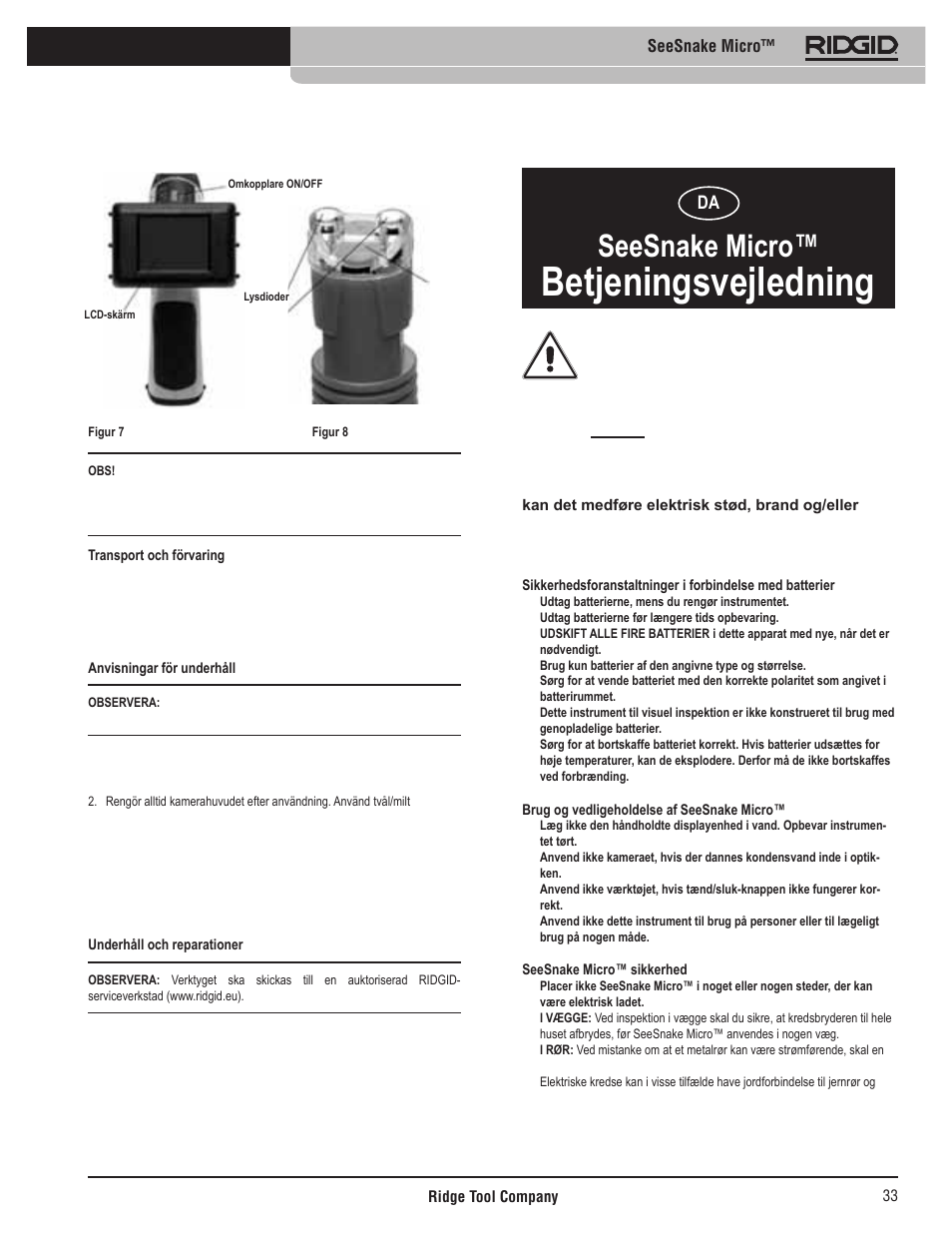 Betjeningsvejledning, Seesnake micro | RIDGID Seesnake Micro User Manual | Page 34 / 62