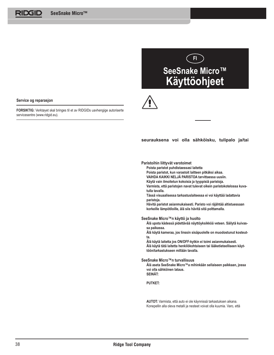 Käyttöohjeet, Seesnake micro | RIDGID Seesnake Micro User Manual | Page 39 / 62