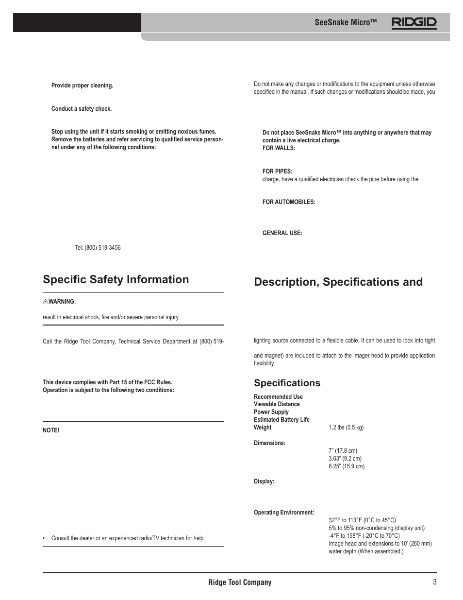 Specific safety information, Description, specifications and standard equipment, Fcc statement | Seesnake micro™ safety, Description, Specifications, Seesnake micro | RIDGID Seesnake Micro User Manual | Page 4 / 62