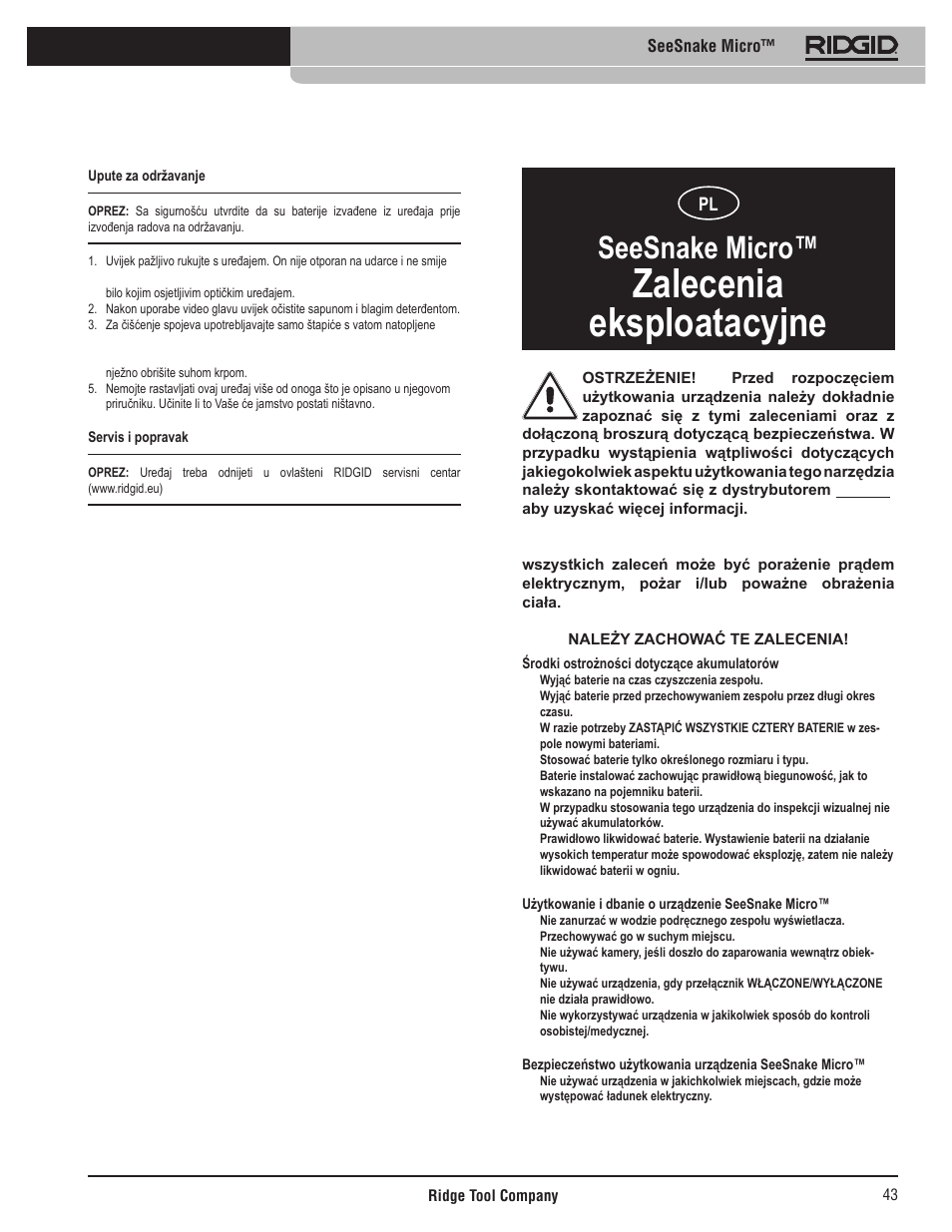 Zalecenia eksploatacyjne, Seesnake micro | RIDGID Seesnake Micro User Manual | Page 44 / 62