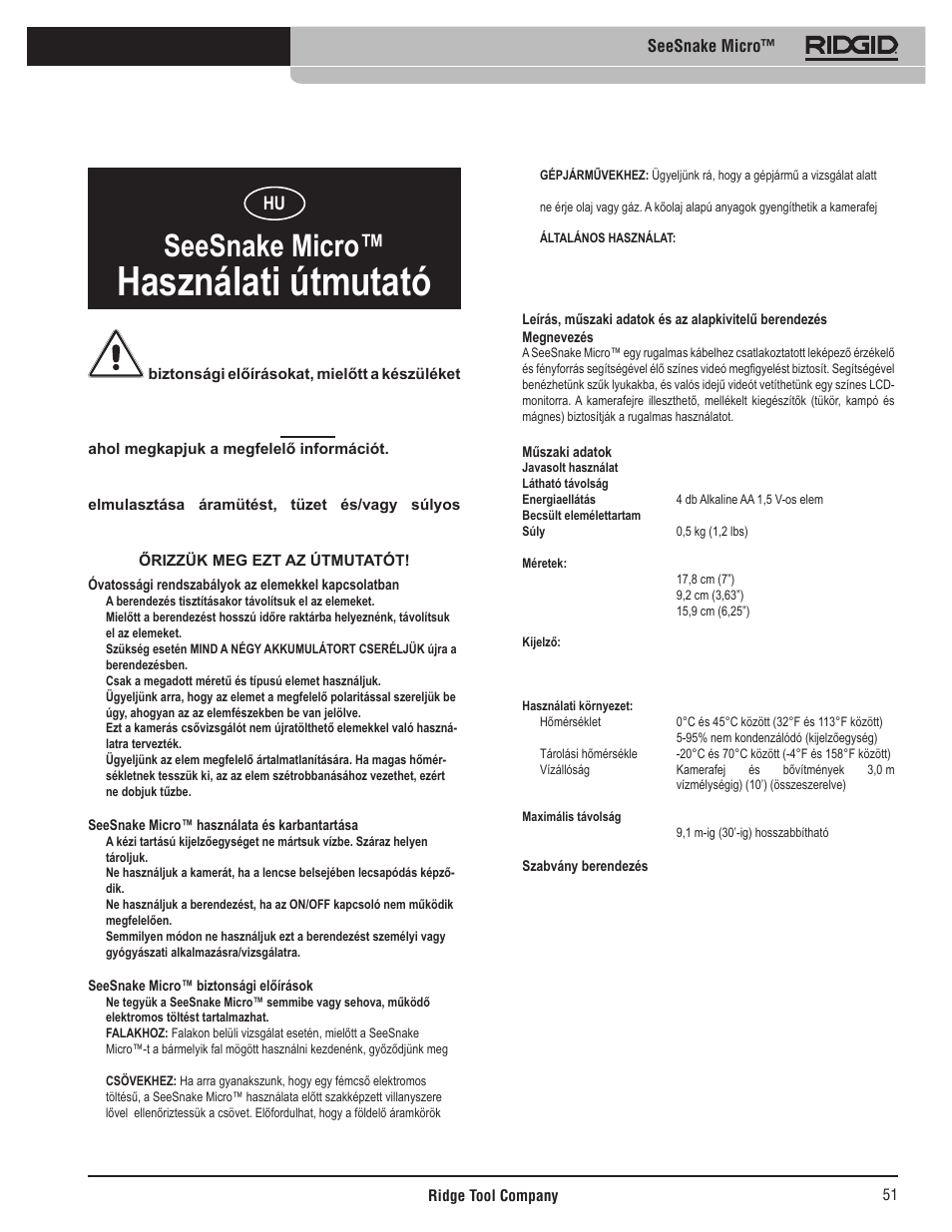 Használati útmutató, Seesnake micro | RIDGID Seesnake Micro User Manual | Page 52 / 62