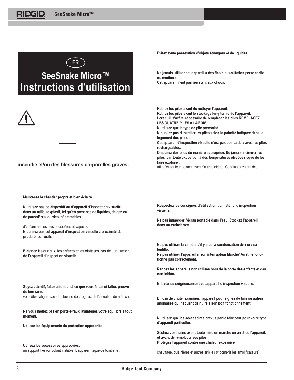 Instructions d’utilisation, Seesnake micro, Consignes générales de sécurité | Sécurité du chantier, Sécurité individuelle, Précautions à prendre avec les piles, Utilisation et entretien du seesnake micro | RIDGID Seesnake Micro User Manual | Page 9 / 62
