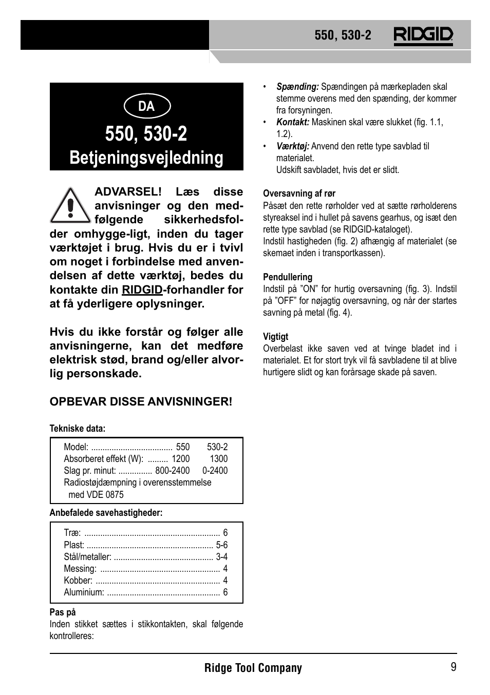 Betjeningsvejledning | RIDGID 530-2 Reciprocating Saw User Manual | Page 10 / 21