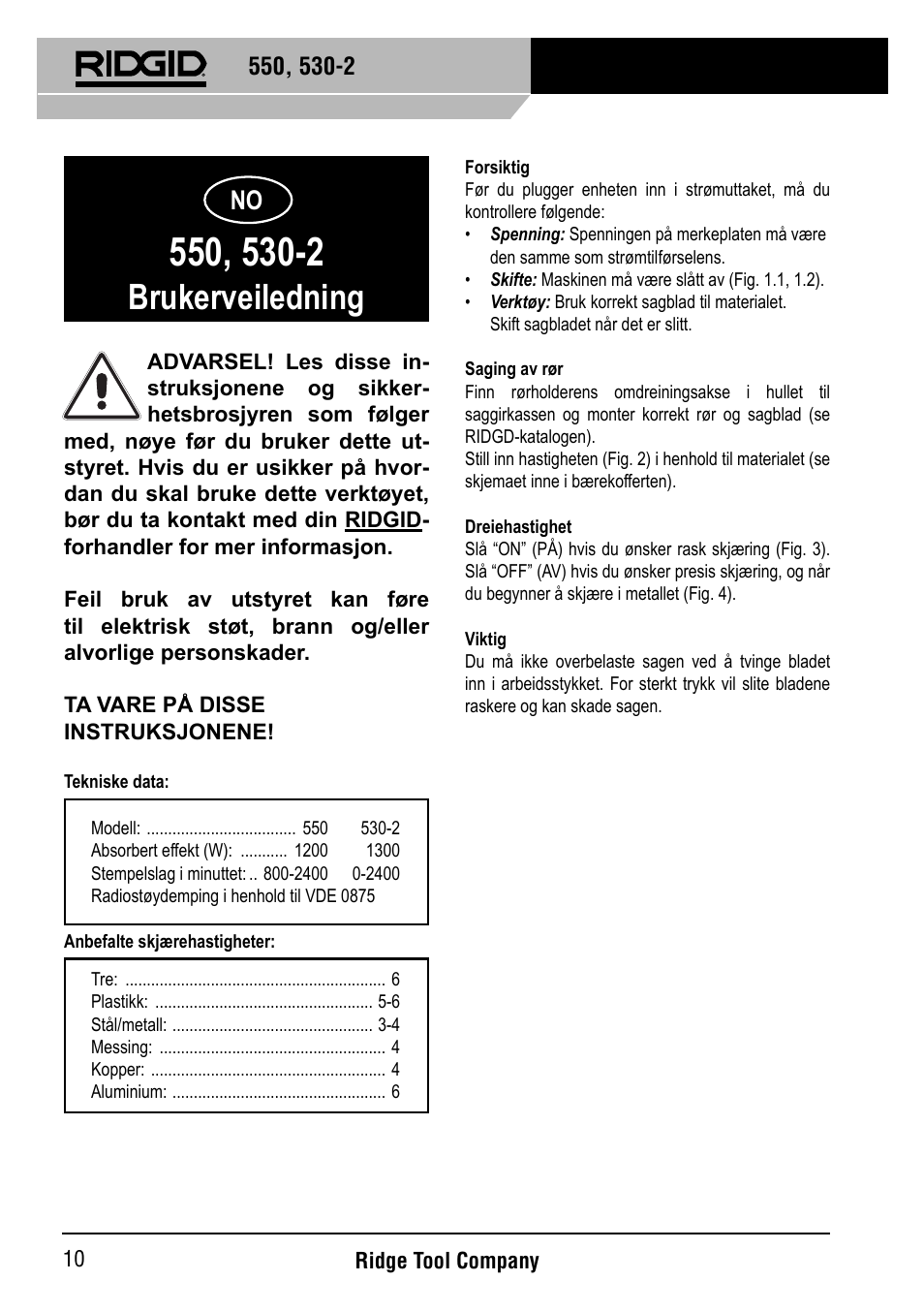 Brukerveiledning | RIDGID 530-2 Reciprocating Saw User Manual | Page 11 / 21