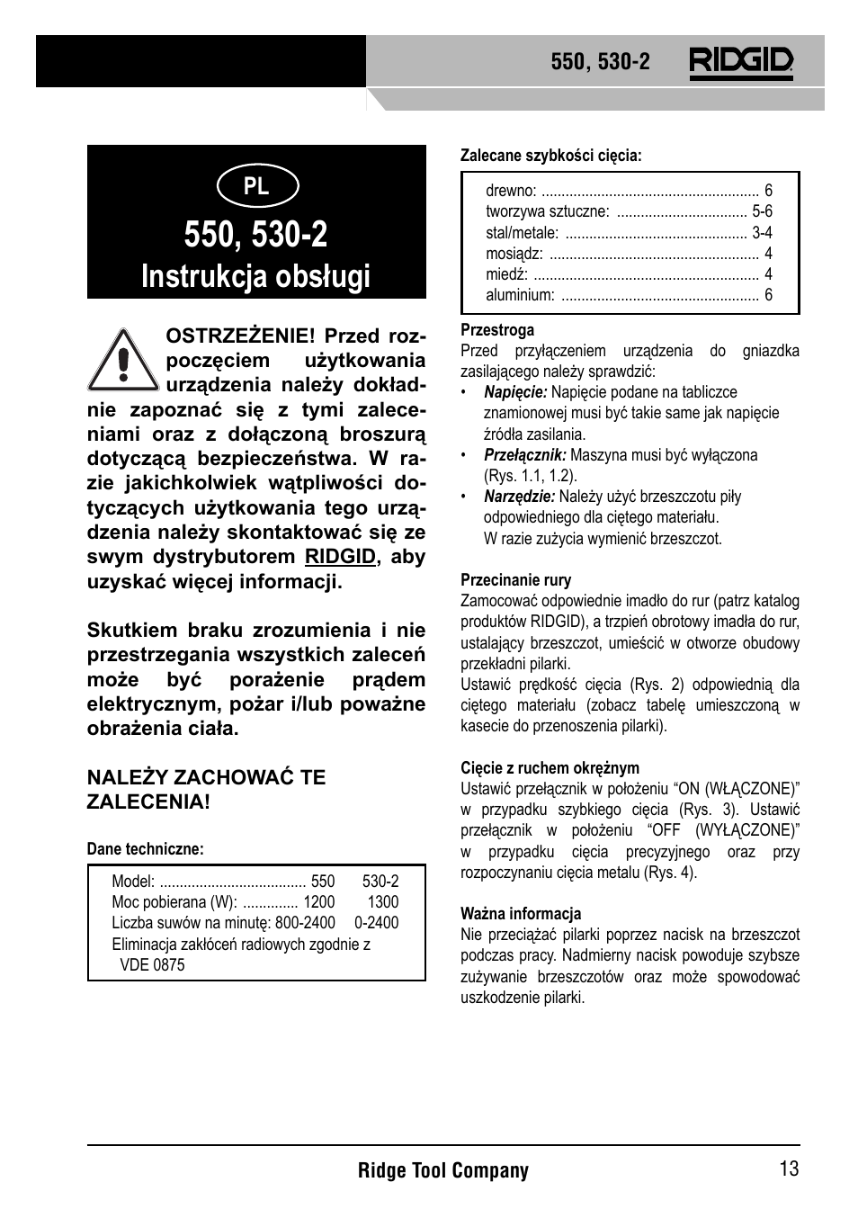 Instrukcja obsługi | RIDGID 530-2 Reciprocating Saw User Manual | Page 14 / 21