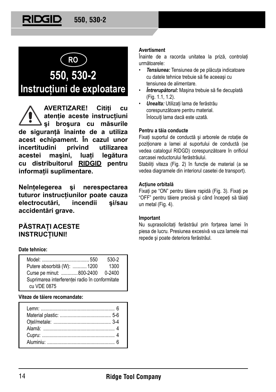 Instrucţiuni de exploatare | RIDGID 530-2 Reciprocating Saw User Manual | Page 15 / 21