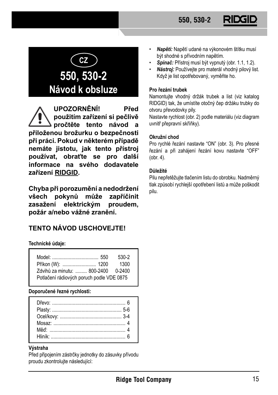 Návod k obsluze | RIDGID 530-2 Reciprocating Saw User Manual | Page 16 / 21