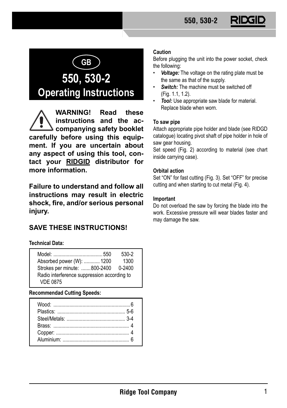 Operating instructions | RIDGID 530-2 Reciprocating Saw User Manual | Page 2 / 21