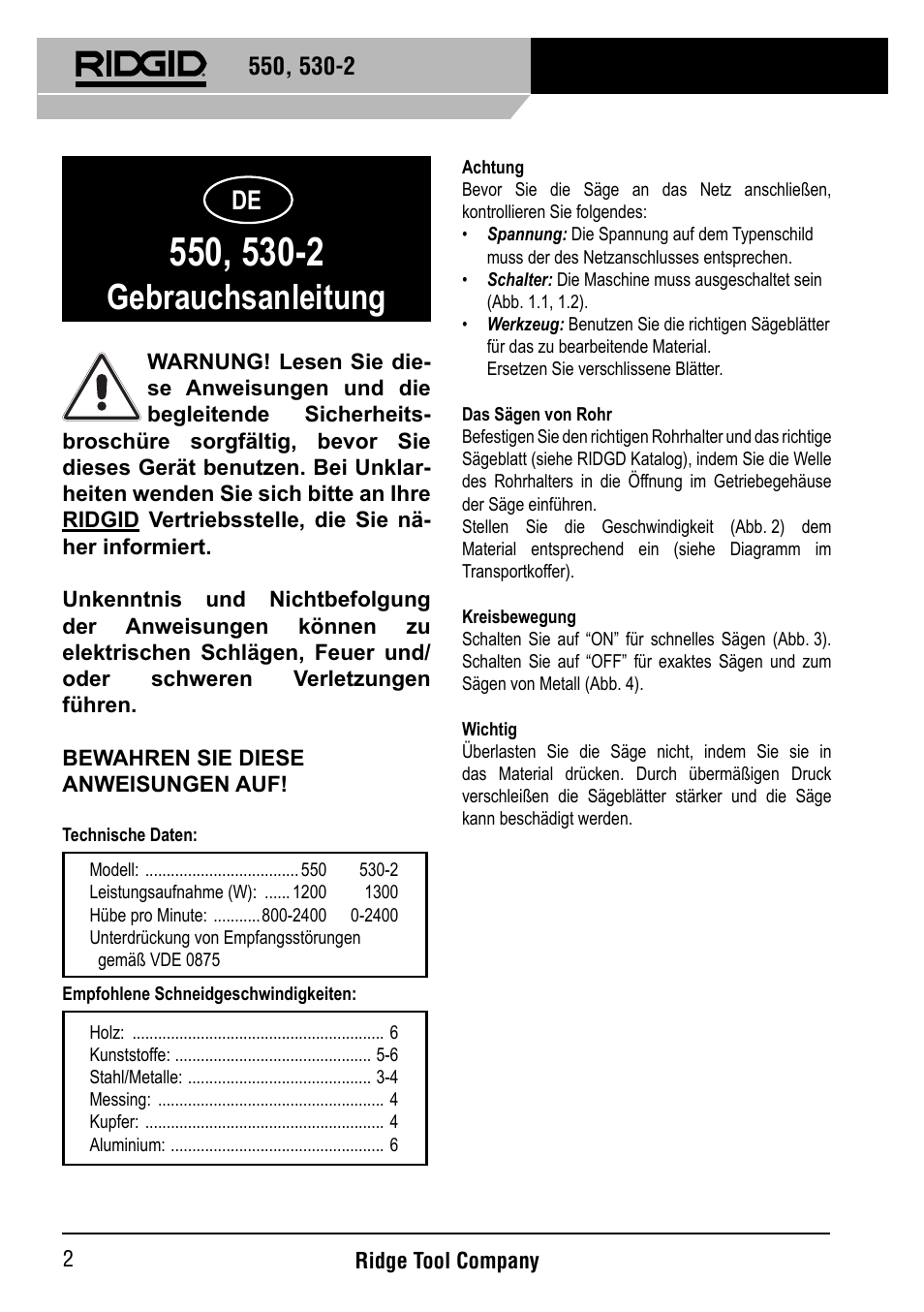 Gebrauchsanleitung | RIDGID 530-2 Reciprocating Saw User Manual | Page 3 / 21