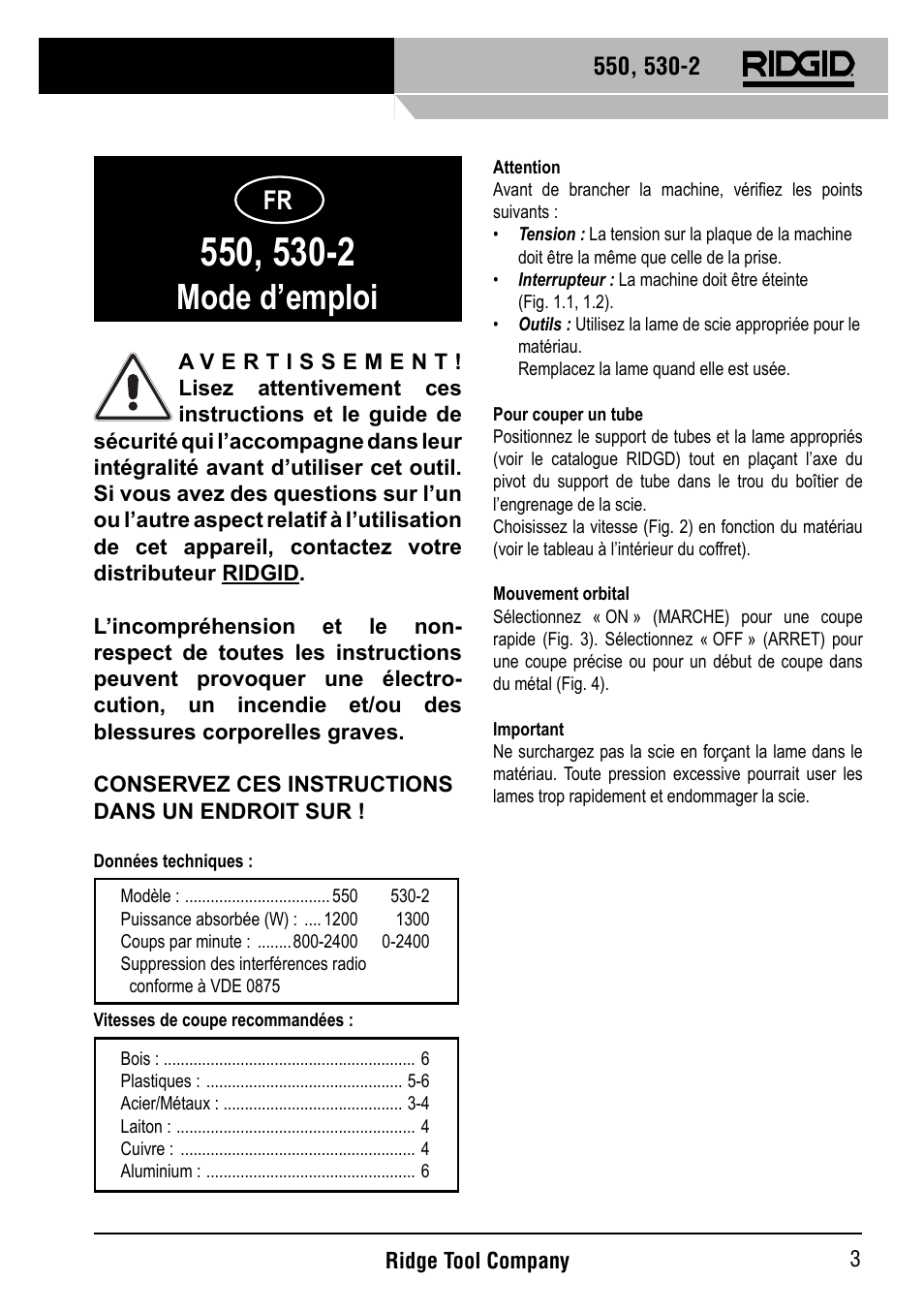 Mode d’emploi | RIDGID 530-2 Reciprocating Saw User Manual | Page 4 / 21