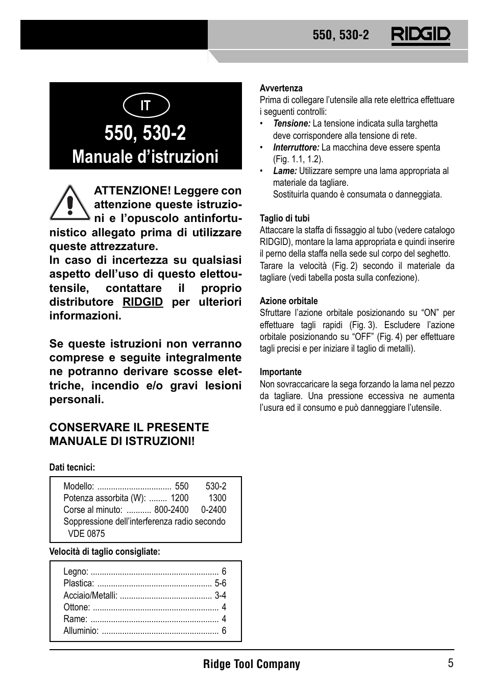 Manuale d’istruzioni | RIDGID 530-2 Reciprocating Saw User Manual | Page 6 / 21