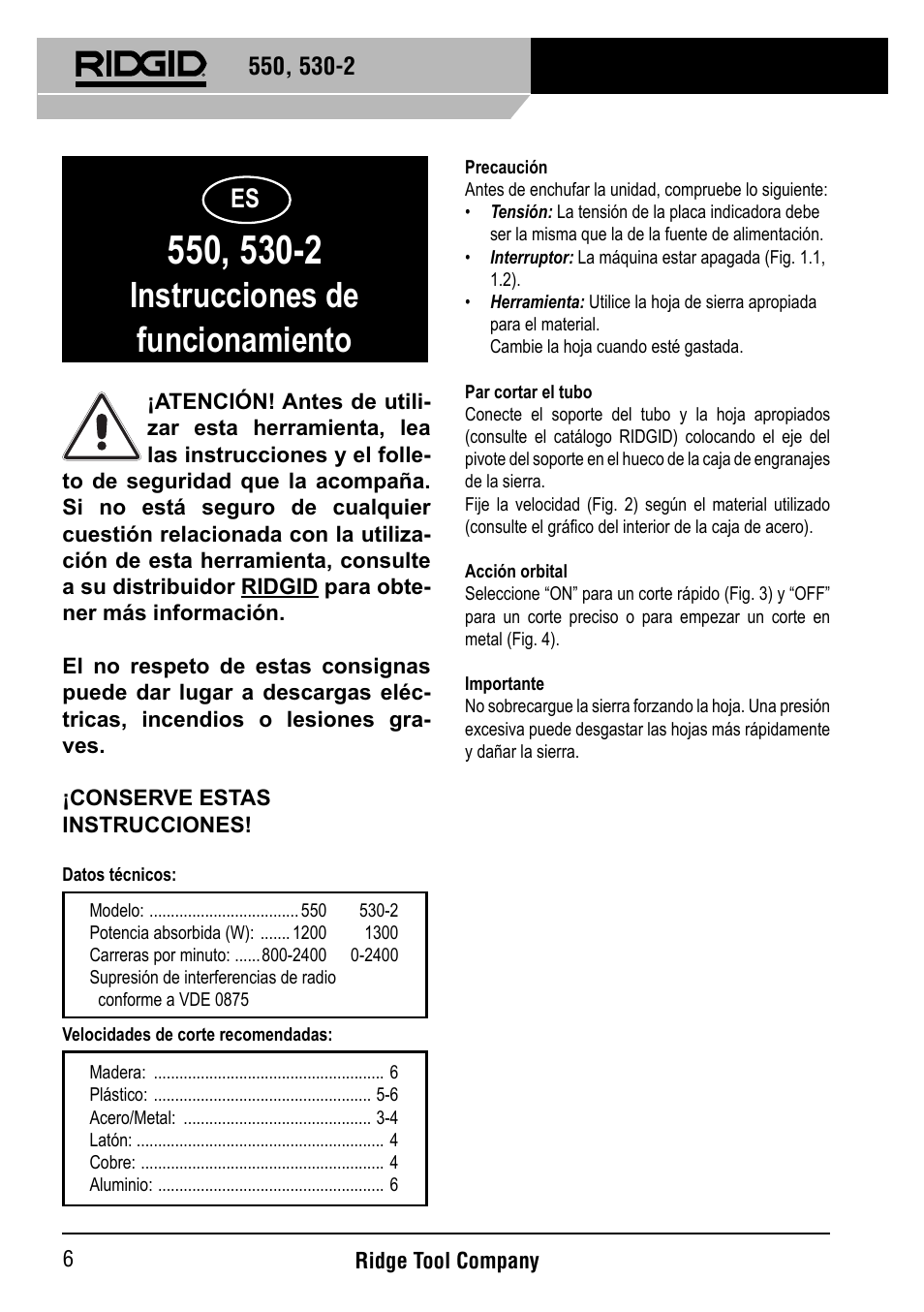 Instrucciones de funcionamiento | RIDGID 530-2 Reciprocating Saw User Manual | Page 7 / 21