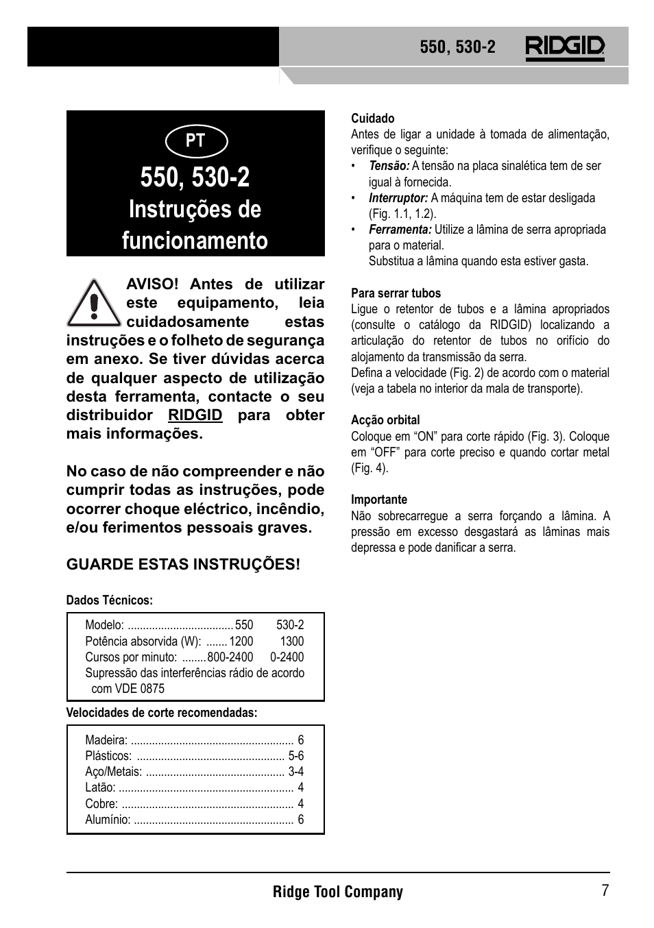 Instruções de funcionamento | RIDGID 530-2 Reciprocating Saw User Manual | Page 8 / 21