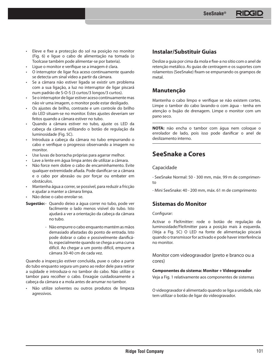 Seesnake a cores, Instalar/substituir guias, Manutenção | Sistemas do monitor | RIDGID SeeSnake User Manual | Page 102 / 302