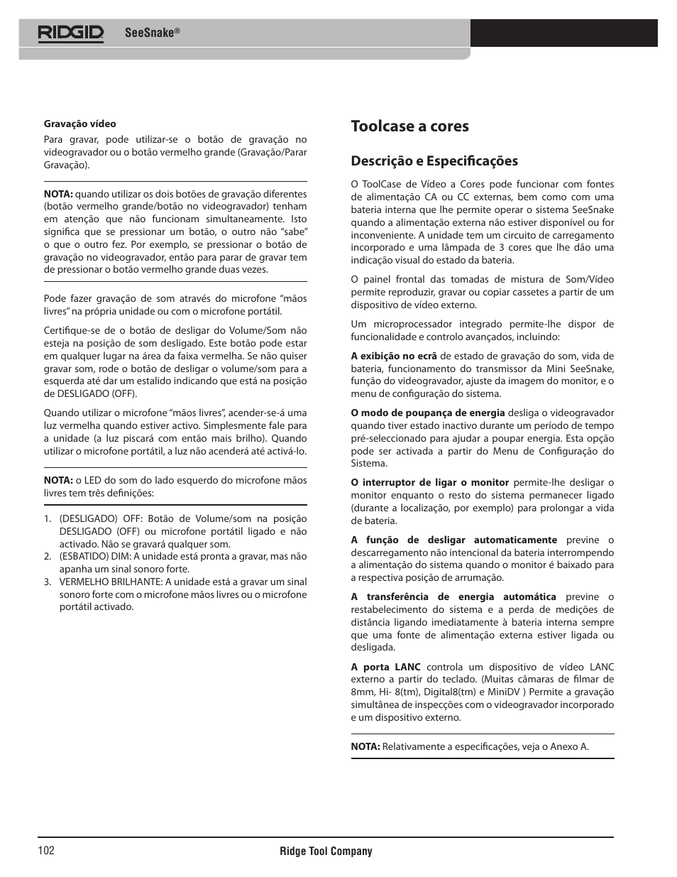 Toolcase a cores, Descrição e especificações | RIDGID SeeSnake User Manual | Page 103 / 302