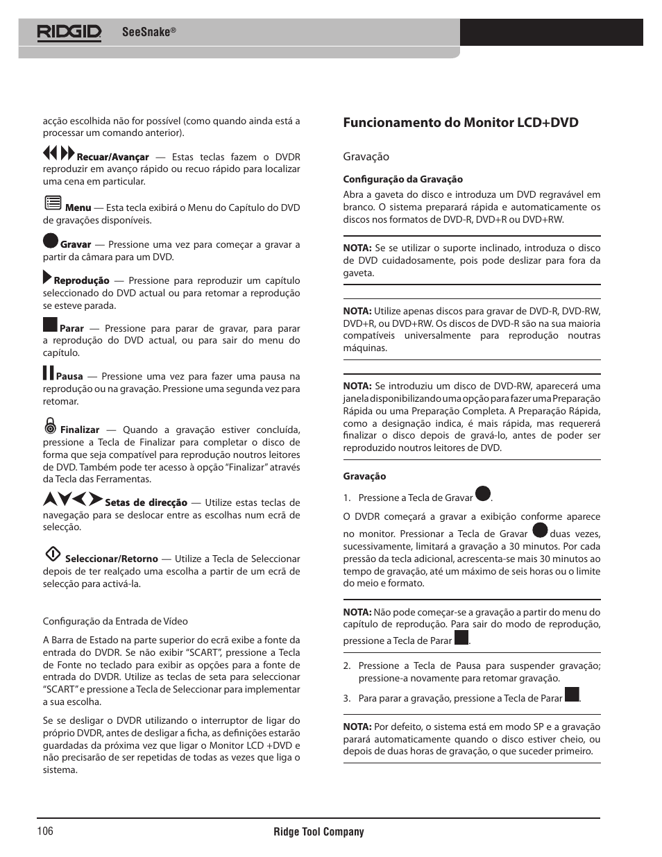 Funcionamento do monitor lcd+dvd | RIDGID SeeSnake User Manual | Page 107 / 302