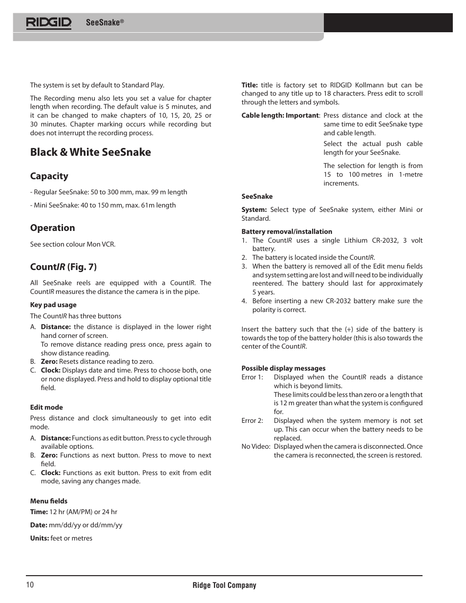 Black & white seesnake, Capacity, Operation | Count ir (fig. 7) | RIDGID SeeSnake User Manual | Page 11 / 302