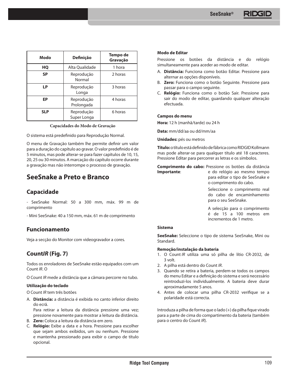 Seesnake a preto e branco, Capacidade, Funcionamento | Count ir (fig. 7) | RIDGID SeeSnake User Manual | Page 110 / 302