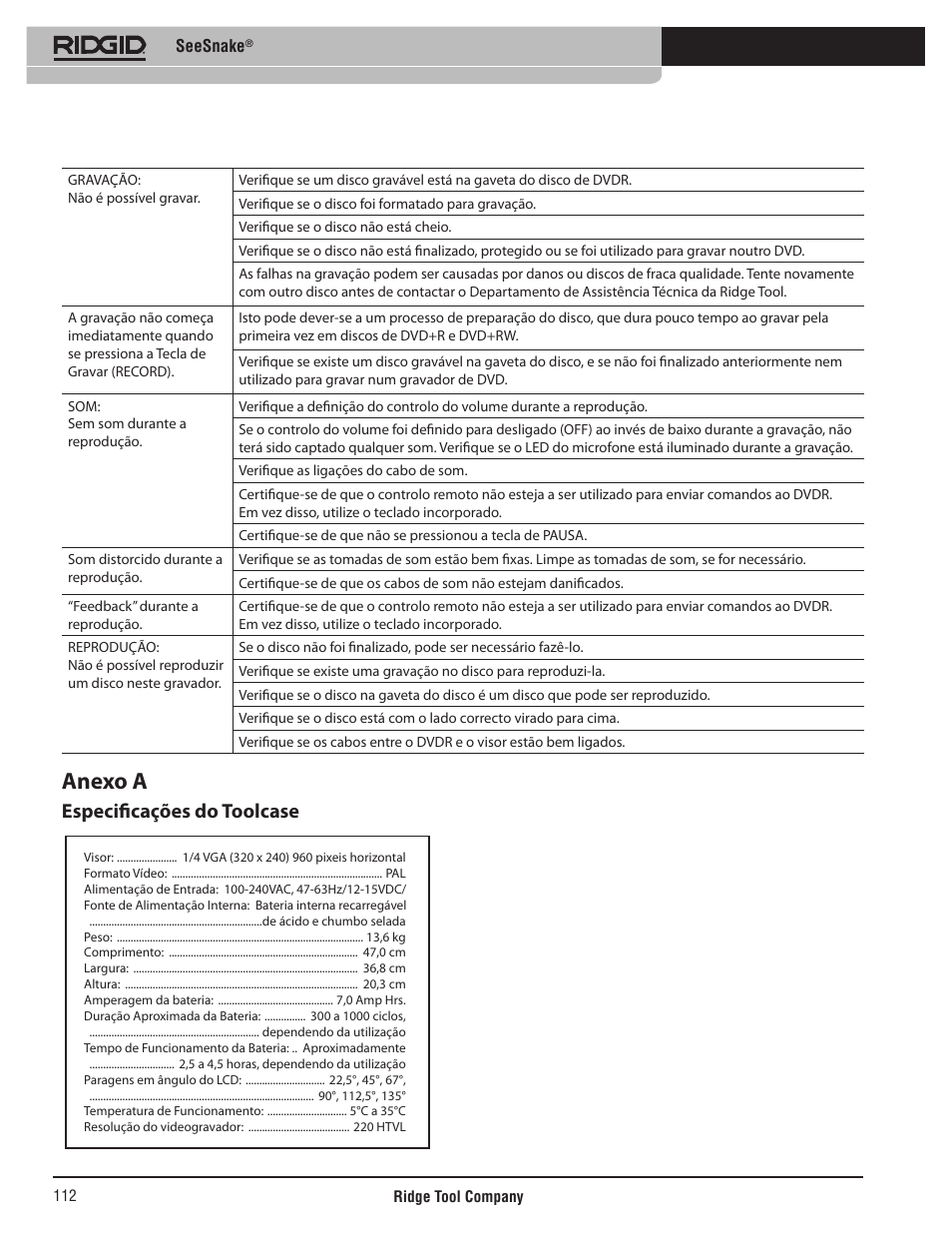 Anexo a, Especificações do toolcase | RIDGID SeeSnake User Manual | Page 113 / 302