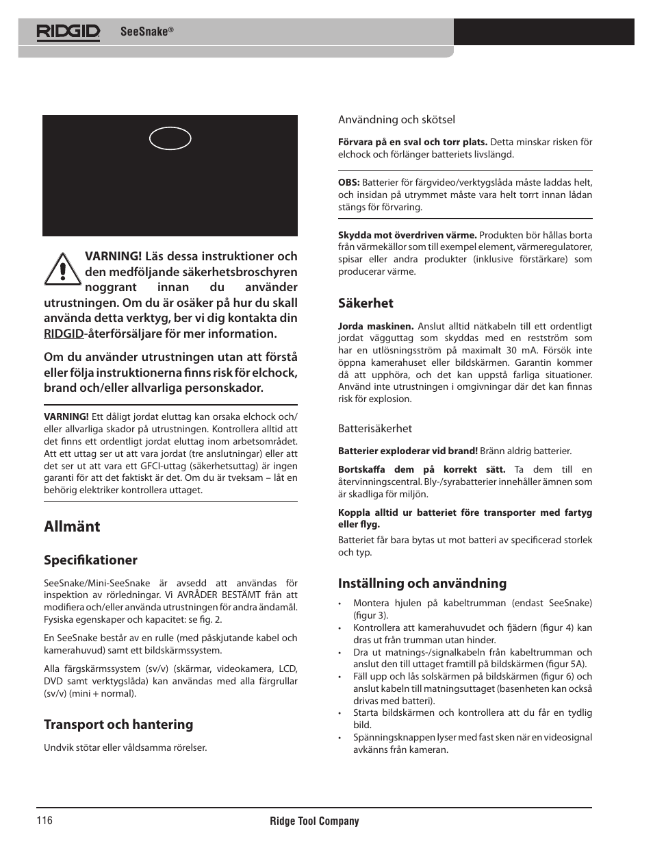 Seesnake, Anvisningar för användning, Allmänt | Specifikationer, Transport och hantering, Säkerhet, Inställning och användning | RIDGID SeeSnake User Manual | Page 117 / 302