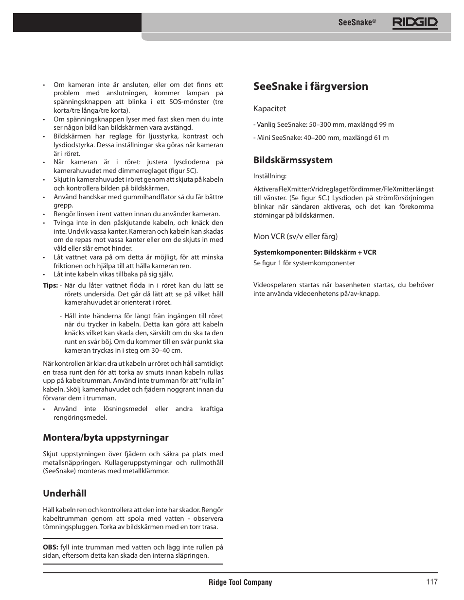 Seesnake i färgversion, Montera/byta uppstyrningar, Underhåll | Bildskärmssystem | RIDGID SeeSnake User Manual | Page 118 / 302