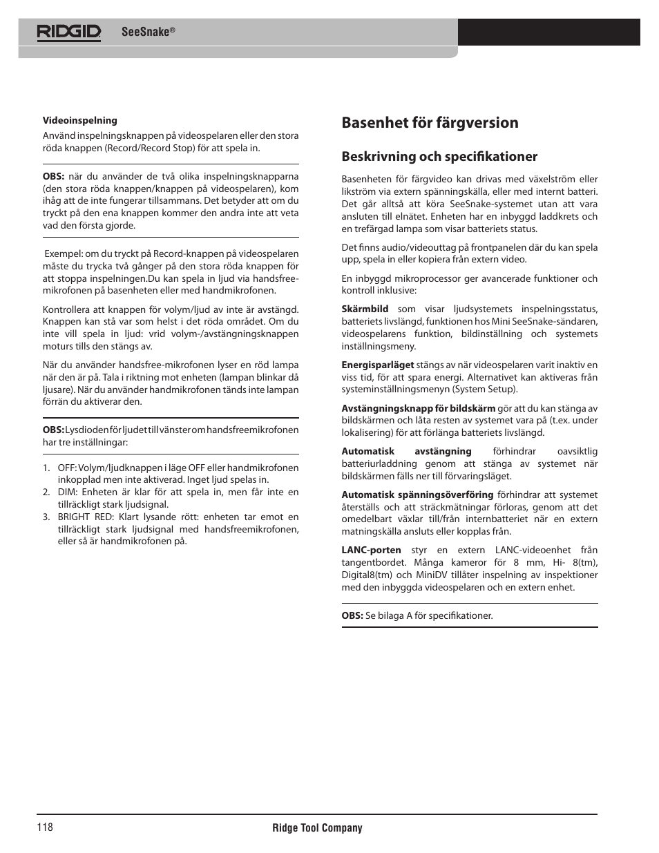 Basenhet för färgversion, Beskrivning och specifikationer | RIDGID SeeSnake User Manual | Page 119 / 302