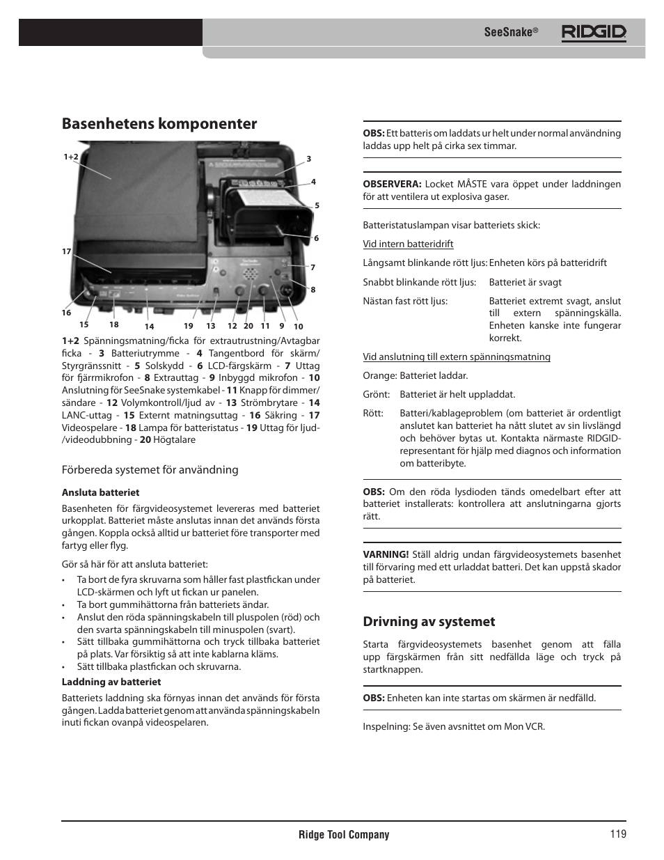 Basenhetens komponenter, Drivning av systemet | RIDGID SeeSnake User Manual | Page 120 / 302