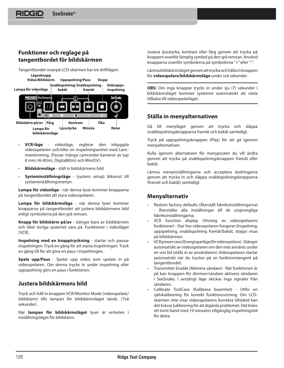 Justera bildskärmens bild, Ställa in menyalternativen, Menyalternativ | RIDGID SeeSnake User Manual | Page 121 / 302